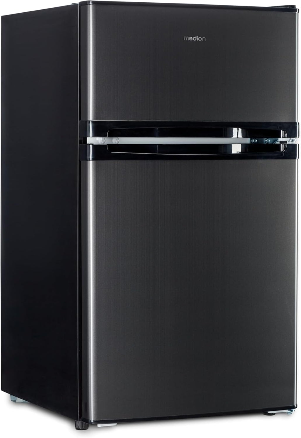 MEDION Mini koel-vriescombinatie (85 liter, 61L koelgedeelte, 24L vriesgedeelte, vrijstaand, 40 dB, transparante groentelade, deurscharnier omkeerbaar, MD 37689) grijs