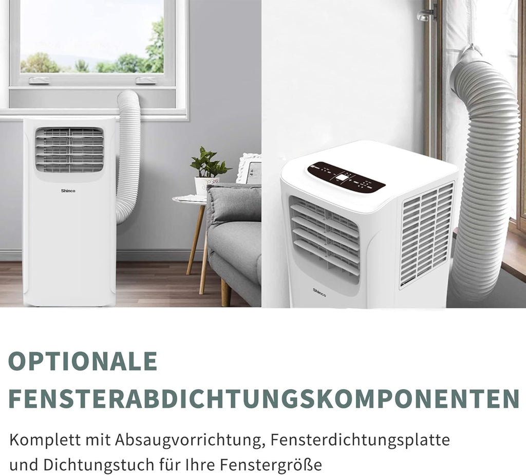 SHINCO Mobiele airconditioning met luchtafvoerslang, 9000 BTU, 2,6 kW, Koelen&Ventileren&Ontvochtigen, Mobiel airco-apparaat met slaapstand, Ruimte tot 22㎡, 24-uurs timer