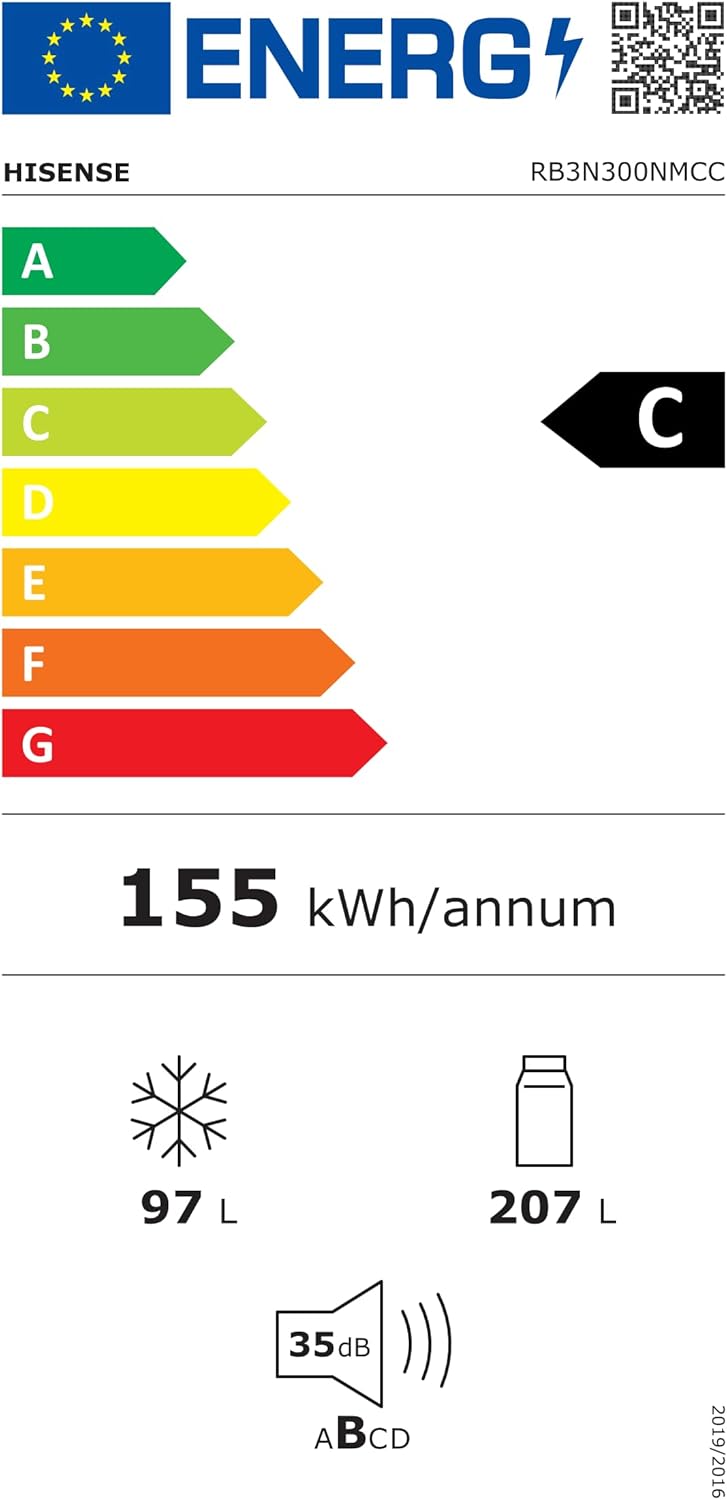 Hisense RB327N4AD2 koel-vriescombinatie/ NoFrostPlus/ Multiflow 360°/ HolidayMode/ FreshZone/ 182,4 cm/ koelgedeelte 171 l/ vriesgedeelte 85 l/ 41 dB/ 287 kWh/ jaar/ roestvrijstalen look