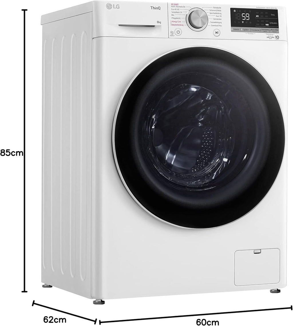 LG F4WV7080, Klasse A, Voorlader Wasmachine 8 kg, 1400 tpm, AI Direct Drive, Wi-Fi, Dieptereiniging met Stoom, Grote Capaciteit, TRIPLE A, Veiligheidsglas Buitendeur, 62 x 60 x 85 cm ꟷ Wit