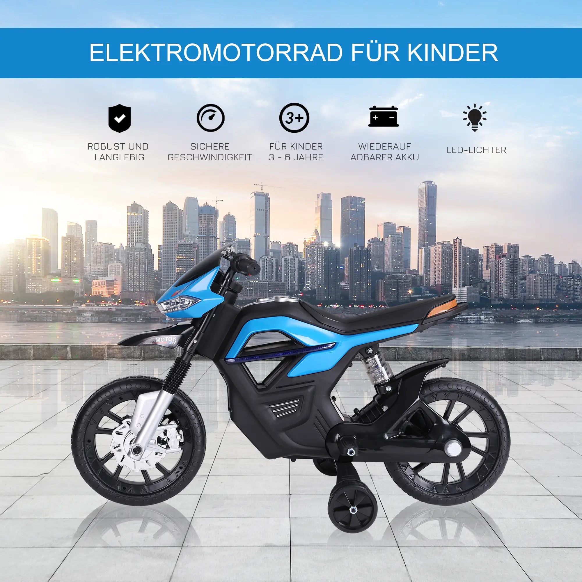HOMCOM Kindermotorfiets Elektrisch voertuig met licht, muziek en zijwieltjes Blauw
