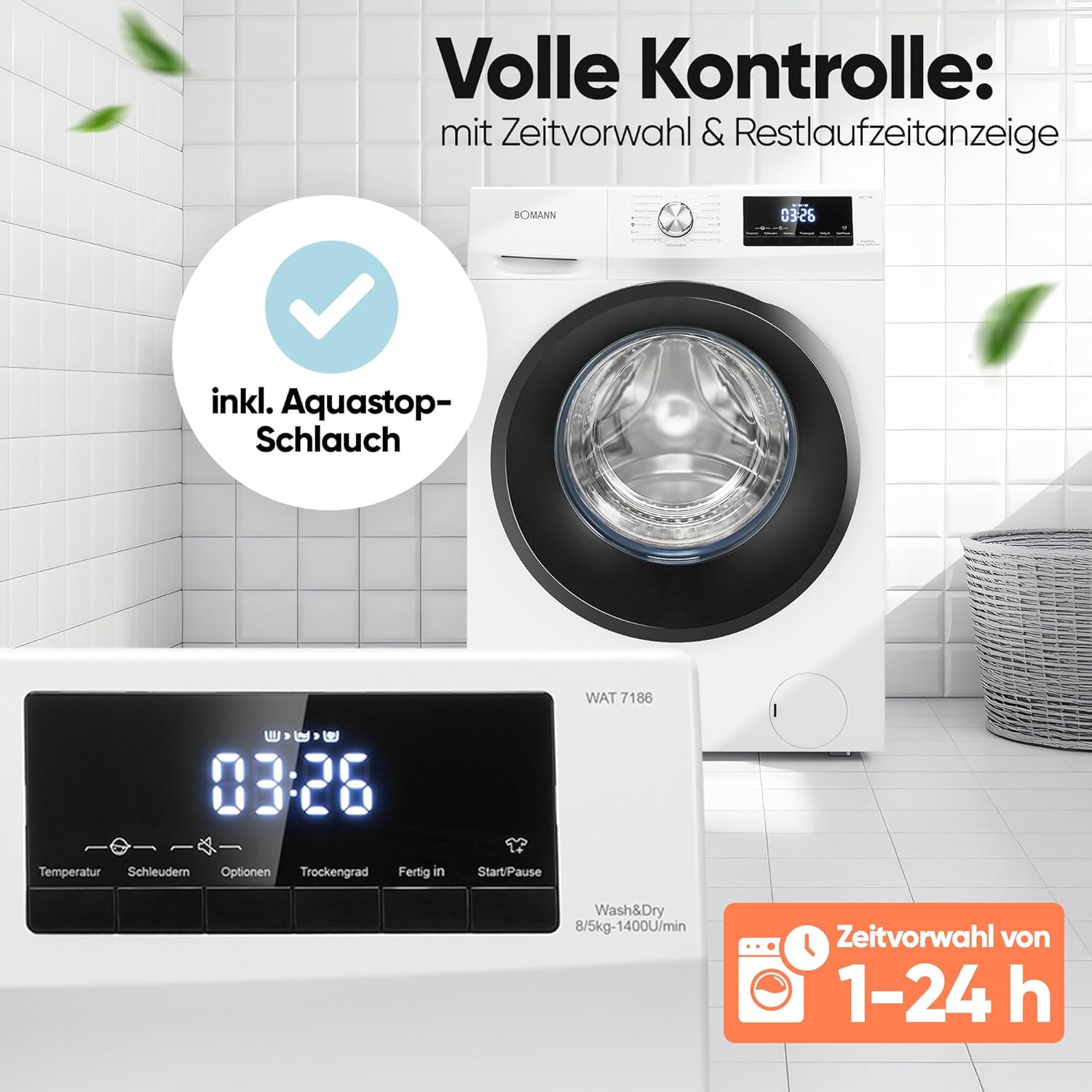 Bomann® Wasdroogcombinatie | Wassen en drogen in één cyclus | 8 kg wassen, 5 kg drogen | Inverter motor | 1400 tpm | Stoomfunctie | Geïntegreerde wasmachine met droger | WAT 7186 wit
