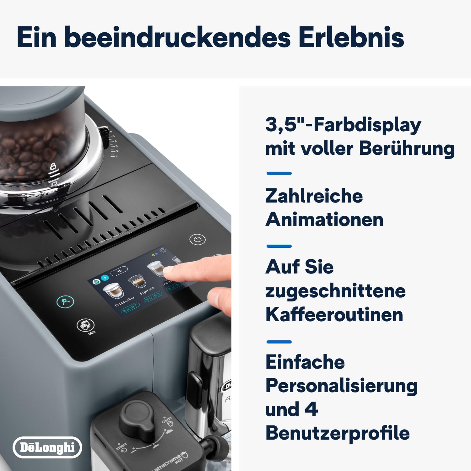 De'Longhi Rivelia EXAM440.55.W volautomatische espressomachine met LatteCrema-melksysteem, verwisselbaar bonenreservoir, 16 koffie- en melkdranken met één druk op de knop, Extra-Shot-functie, 3,5 inch touchscreen, wit