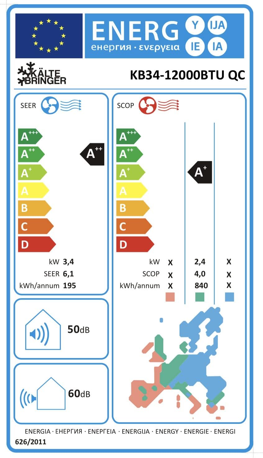 Kältebringer Split Airconditioner Quick Connect - 12000 BTU (3,4 kW) Airconditioner met Verwarmingsfunctie, Wifi & App, tot 91m², zeer stil - 5m Koperleiding, Koelmiddel R32, Montagemateriaal, Muurbeugel