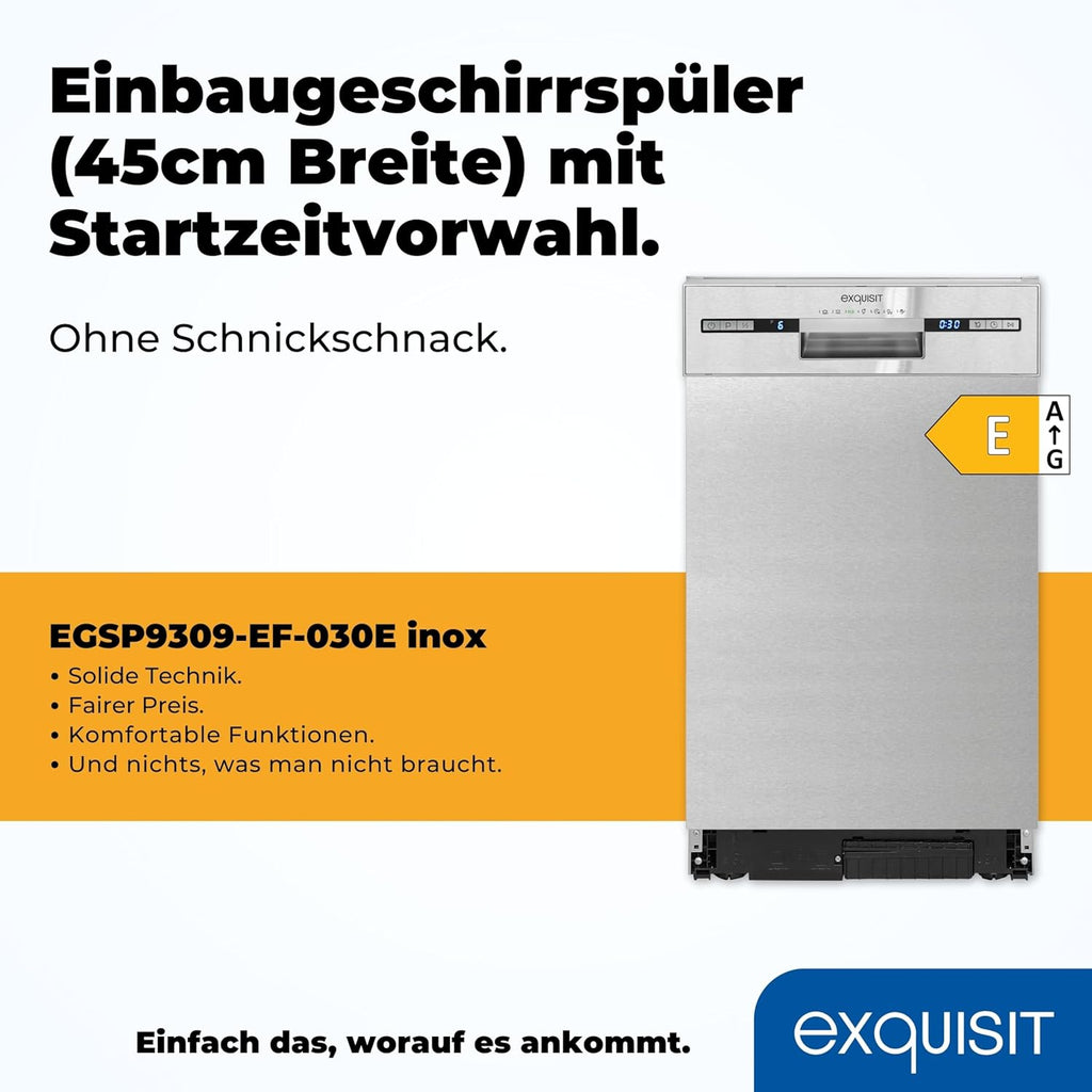 Exquisit Vaatwasser, 45 cm breedte, gedeeltelijk geïntegreerd, 9 couverts, 9 liter, startuitstel, ECO-modus, vaatwasser 45 cm, EGSP51009-EB-030E inox