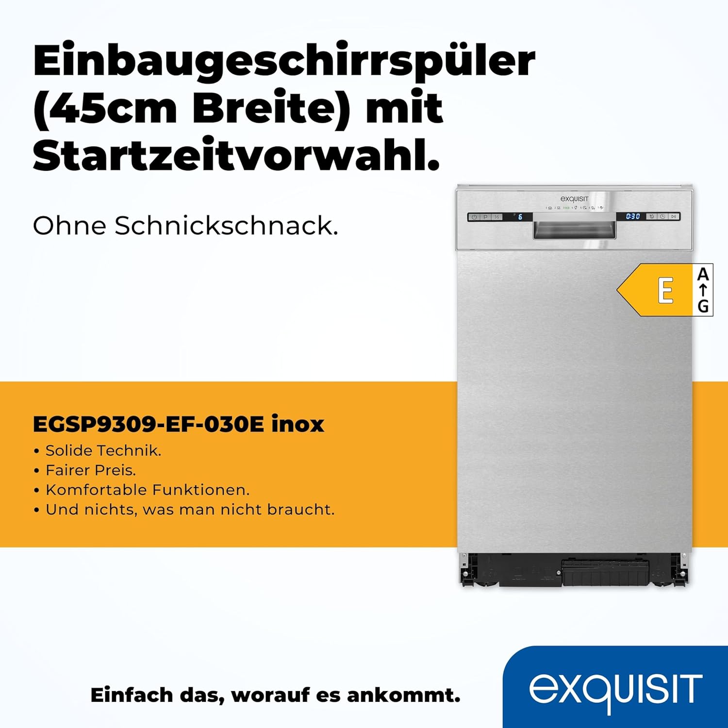 Exquisit Vaatwasser, 45 cm breedte, gedeeltelijk geïntegreerd, 9 couverts, 9 liter, startuitstel, ECO-modus, vaatwasser 45 cm, EGSP51009-EB-030E inox