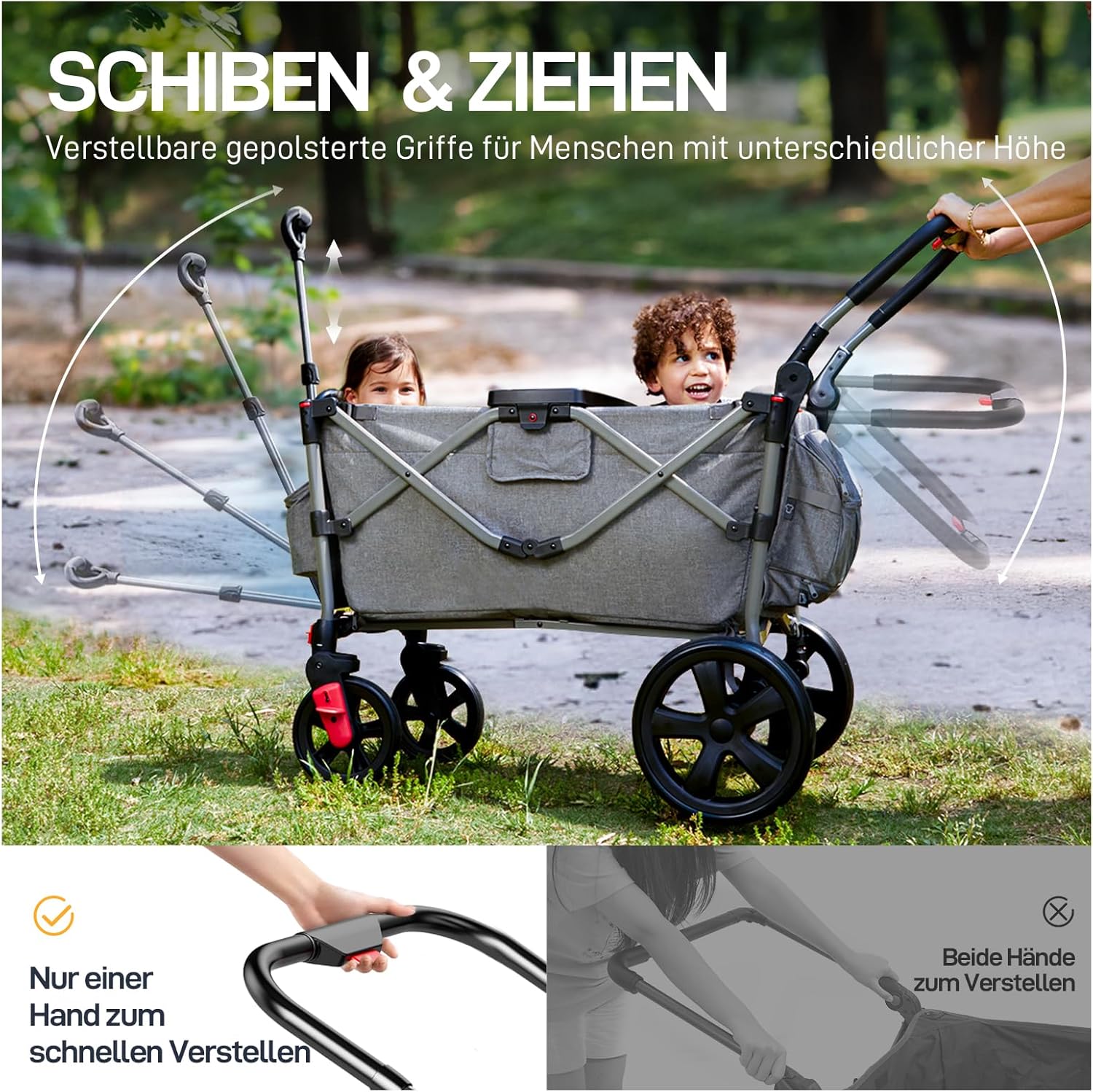 EVER ADVANCED Bolderkar voor 2 kinderen Opvouwbaar met dak, kinderwagen 2x5-punts veiligheidsgordel met luiertas, bolderkar met zitje, handwagen transportwagen, trekken & duwen, voetrem