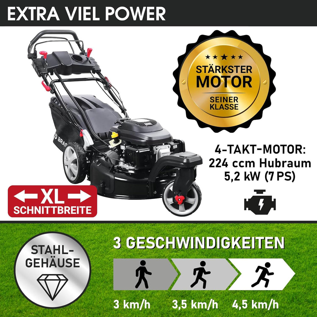 BRAST® Benzine grasmaaier Trike met aandrijving | 5,2kW (7PK) | 53cm maaibreedte | veel modellen | TÜV | 4-takt OHV motor | 30-80mm maaihoogte | 60L opvangbak | Stalen behuizing | Snelheid