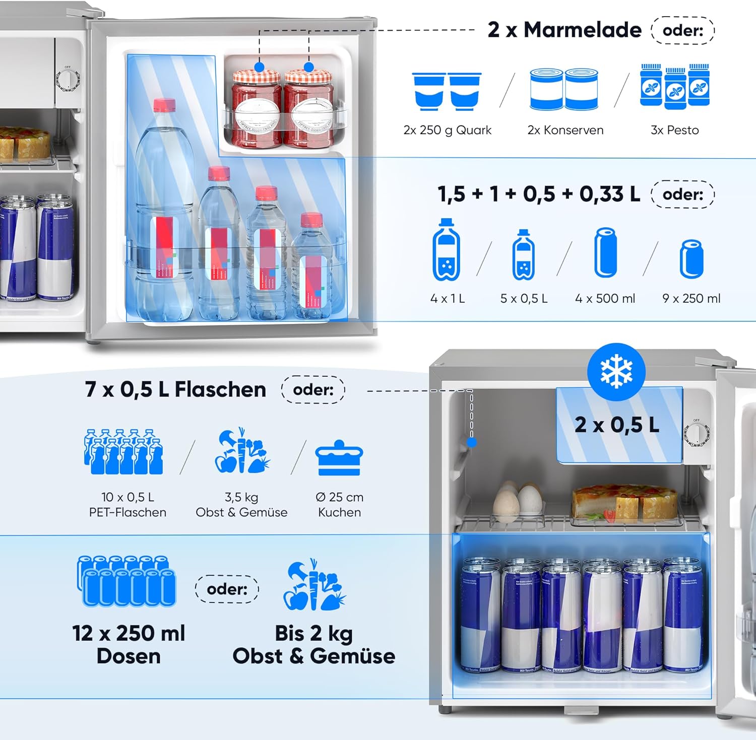Stillstern minikoelkast E 45L met automatische ontdooiing, slot, vriesvak, stil, ideaal voor keuken, kantoor, slaapkamer, hotels en kleine appartementen, kleine koelkast, minibar, drankenkoelkast