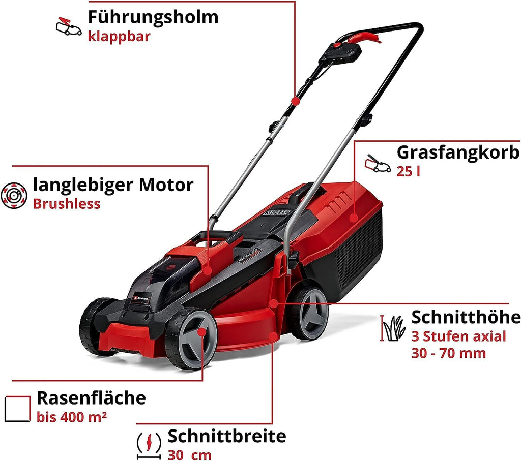 Einhell City Accu grasmaaier GE-CM 18/30 Li Kit Power X-Change (18 V, 30 cm snijbreedte, tot 150 m², borstelloos, 25 l opvangbak, 30-70 mm snijhoogte, incl. 3,0 Ah accu + oplader)