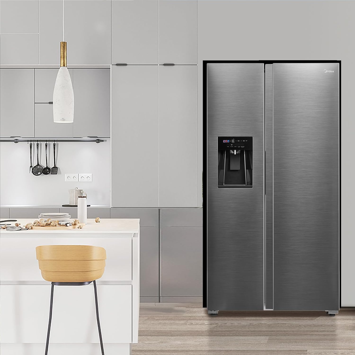 Midea KS-DDX 6.32 WT Amerikaanse koelkast/178,8 cm hoogte/254 kWh/jaar/No Frost/Dual Inverter Compressor/met 3-in-1 water-/ijsdispenser en watertank, Dark Inox