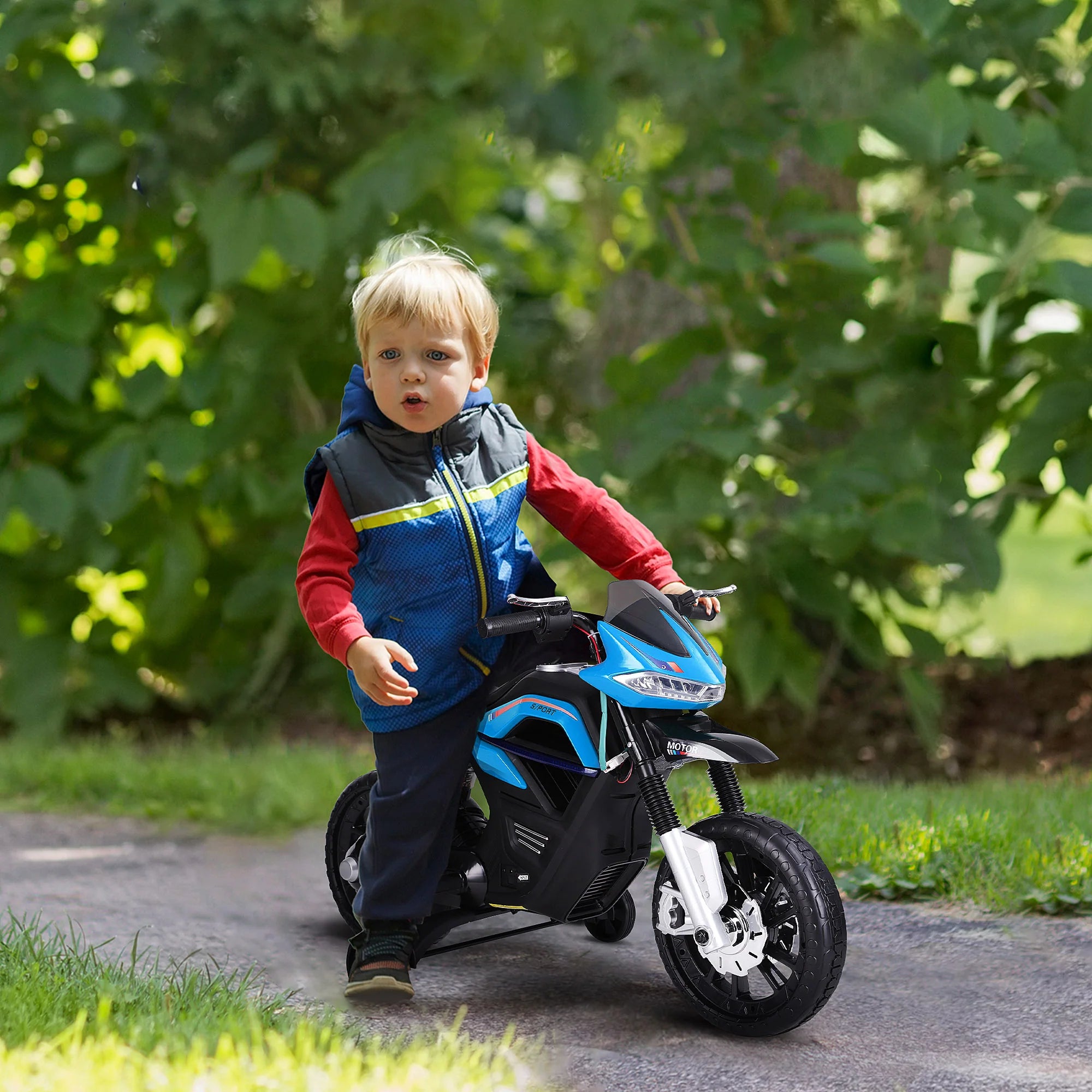 HOMCOM Kindermotorfiets Elektrisch voertuig met licht, muziek en zijwieltjes Blauw