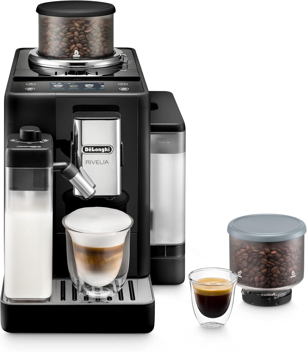 De'Longhi Rivelia EXAM440.55.W volautomatische espressomachine met LatteCrema-melksysteem, verwisselbaar bonenreservoir, 16 koffie- en melkdranken met één druk op de knop, Extra-Shot-functie, 3,5 inch touchscreen, wit