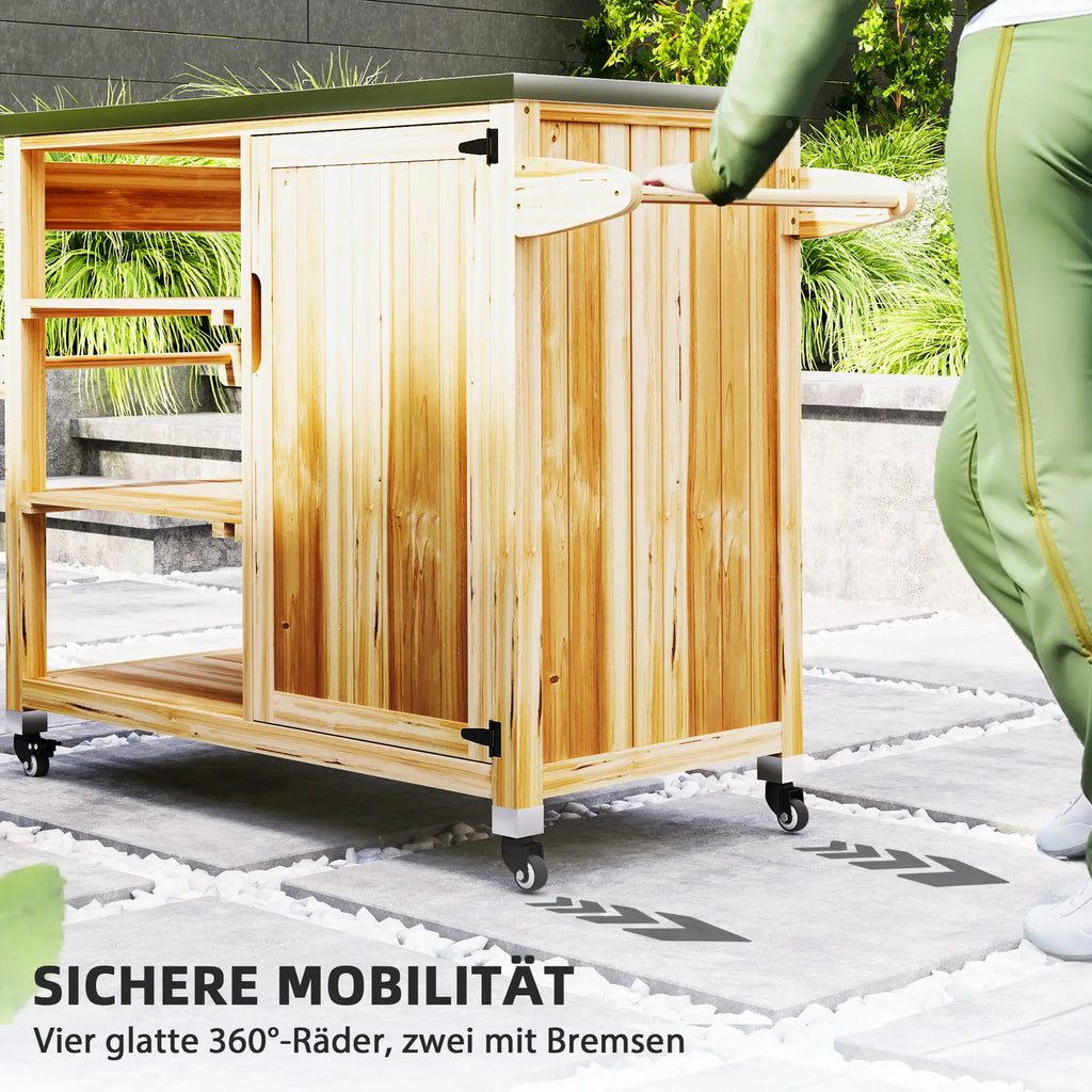 Outsunny Barbecuewagen Outdoor Keukeneiland met wielen Massief hout