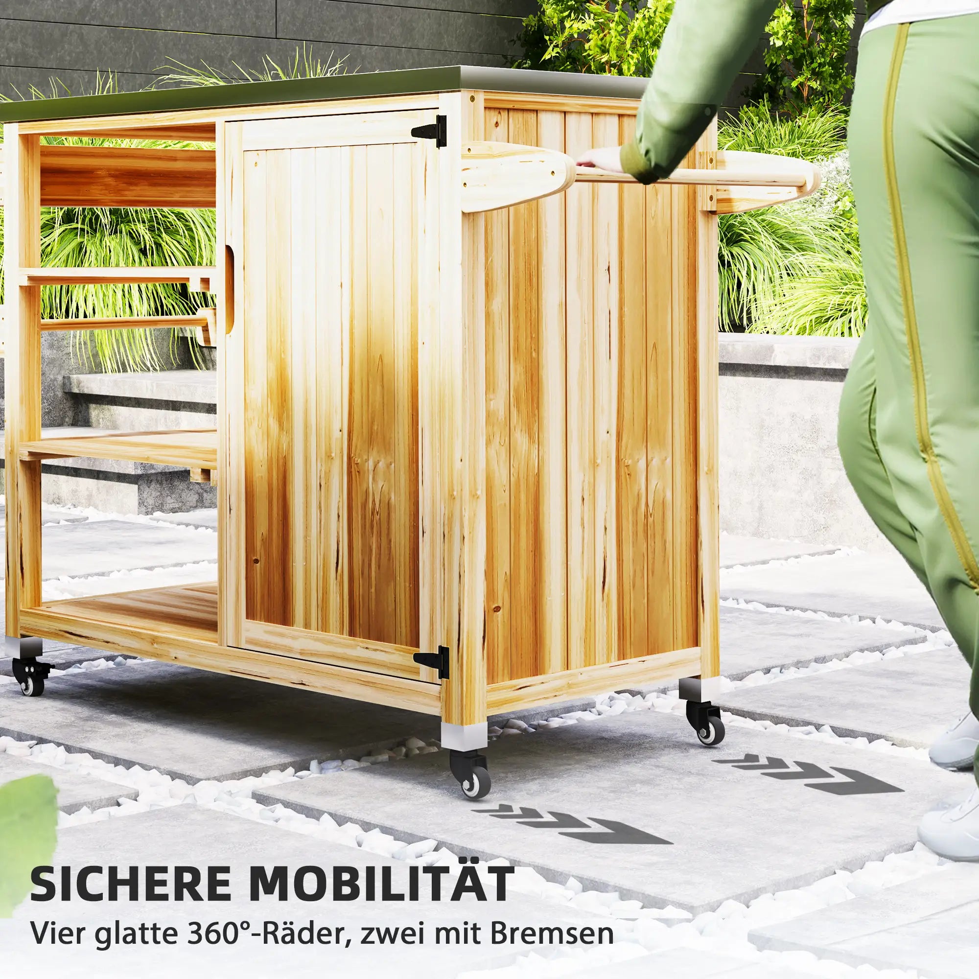 Outsunny Barbecuewagen Outdoor Keukeneiland met wielen Massief hout