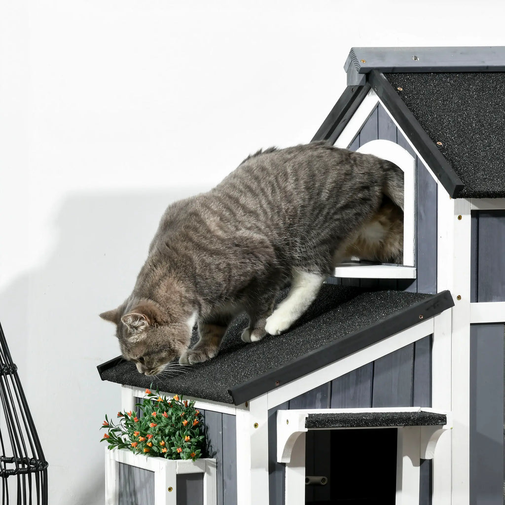 PawHut Outdoor Katzenhaus 2 Etagen mit Asphaltdach Blumenkasten