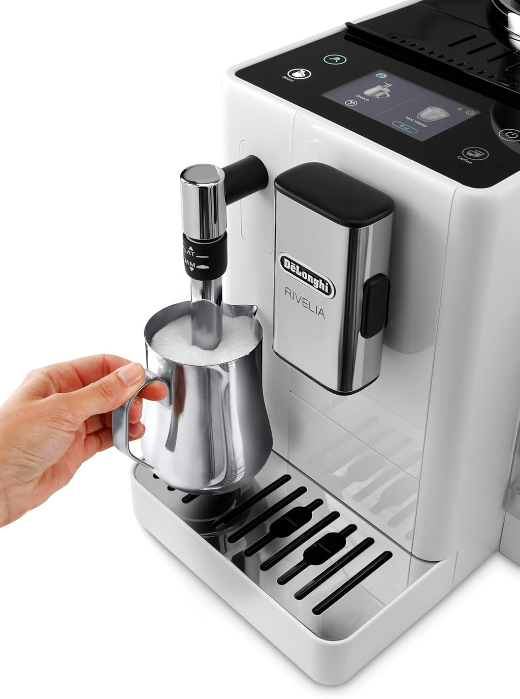 De'Longhi Rivelia EXAM440.55.W volautomatische espressomachine met LatteCrema-melksysteem, verwisselbaar bonenreservoir, 16 koffie- en melkdranken met één druk op de knop, Extra-Shot-functie, 3,5 inch touchscreen, wit