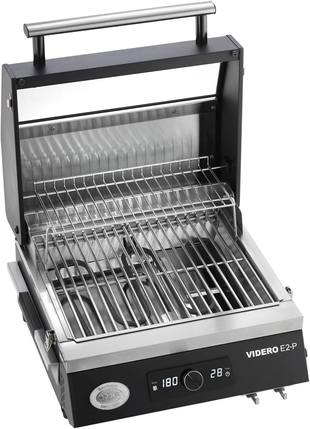 RÖSLE Elektrische BBQ-grill Portable Videro E2-P, draagbare tafelgrill met 2 branders, warmhoudrooster en deksel met glasplaat, gepoedercoat staal, zwart/zilver