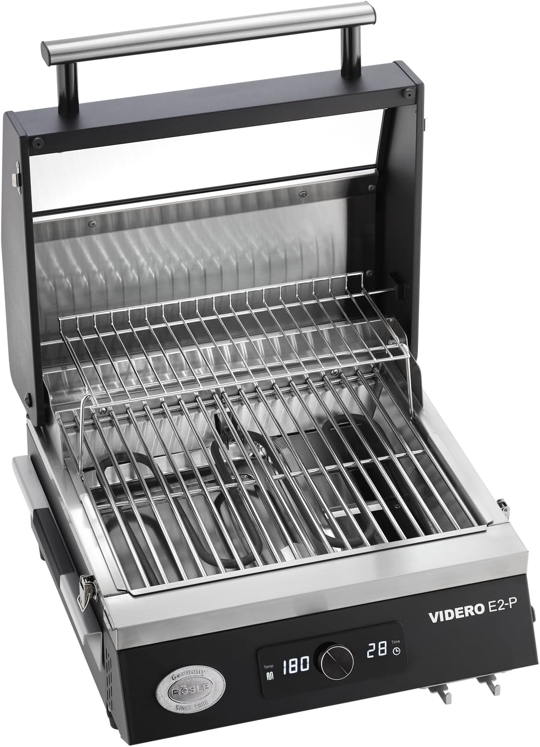 RÖSLE Elektrische BBQ-grill Portable Videro E2-P, draagbare tafelgrill met 2 branders, warmhoudrooster en deksel met glasplaat, gepoedercoat staal, zwart/zilver