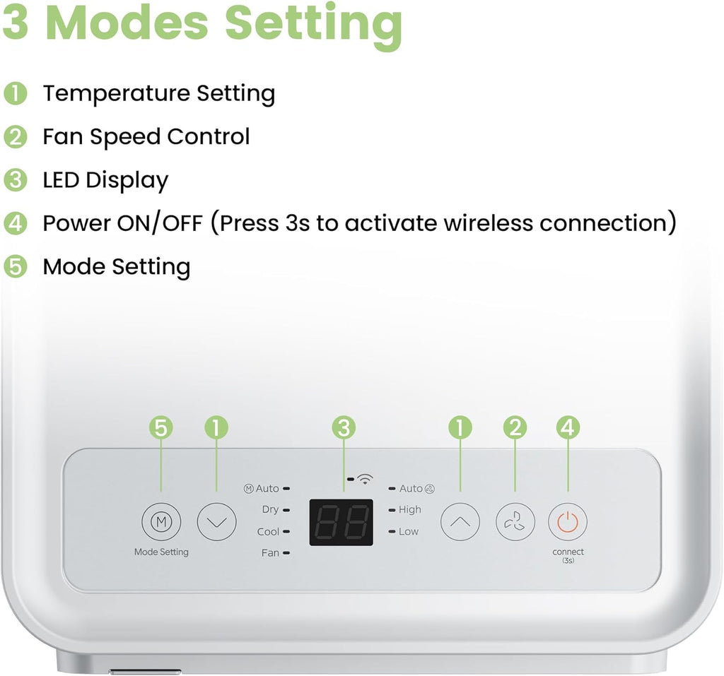 Comfee Mobiele Airco MPPH-09CRN7, 9000 BTU 2,6kW, Koelen&Ventileren&Ontvochtigen, Ruimtegrootte tot 88m³(33㎡), Mobiele Airconditioner met Afvoerslang
