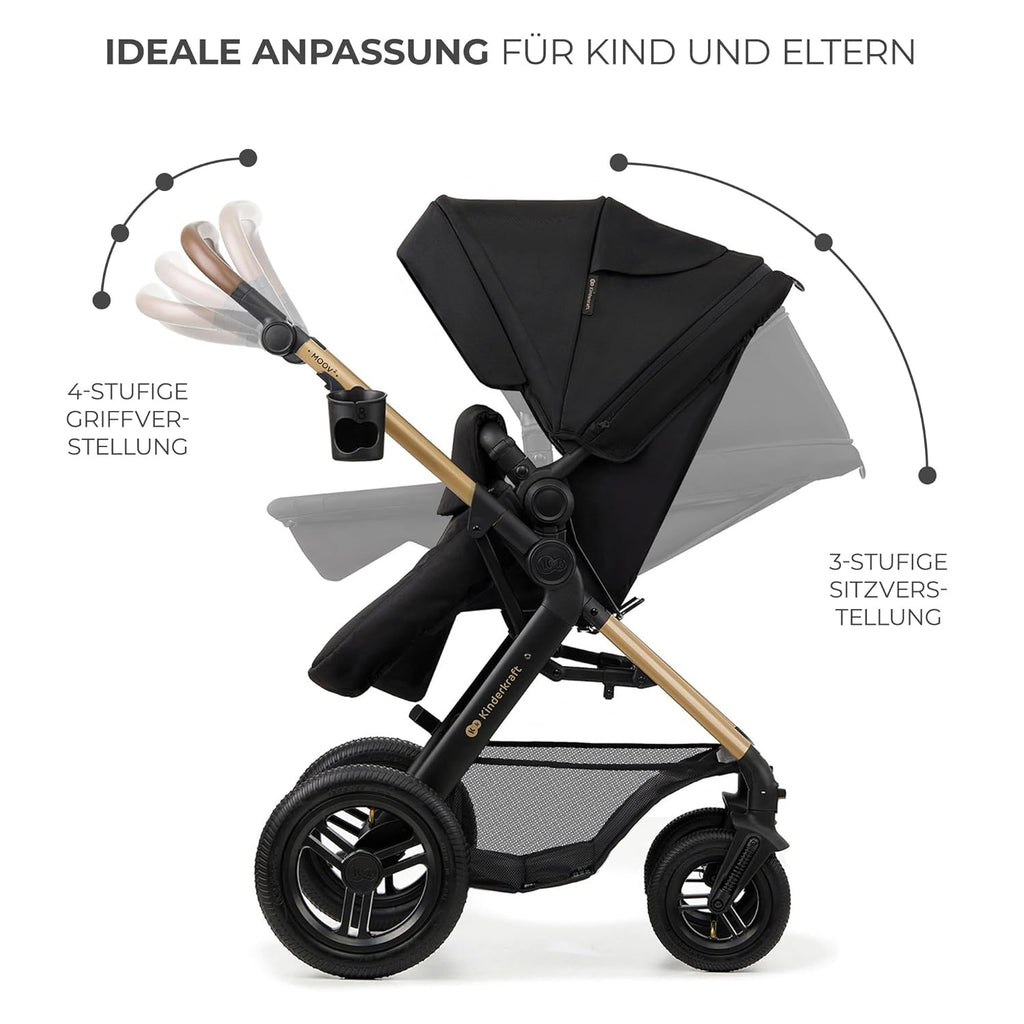 Kinderkraft MOOV2 AIR Kinderwagen 3 in 1 Kinderwagenset tot 26 kg met autostoel I-SIZE 40-75 cm, buggyfunctie, verstelbare ligstand, grote uitschuifbare kap, opblaasbare wielen, zwart