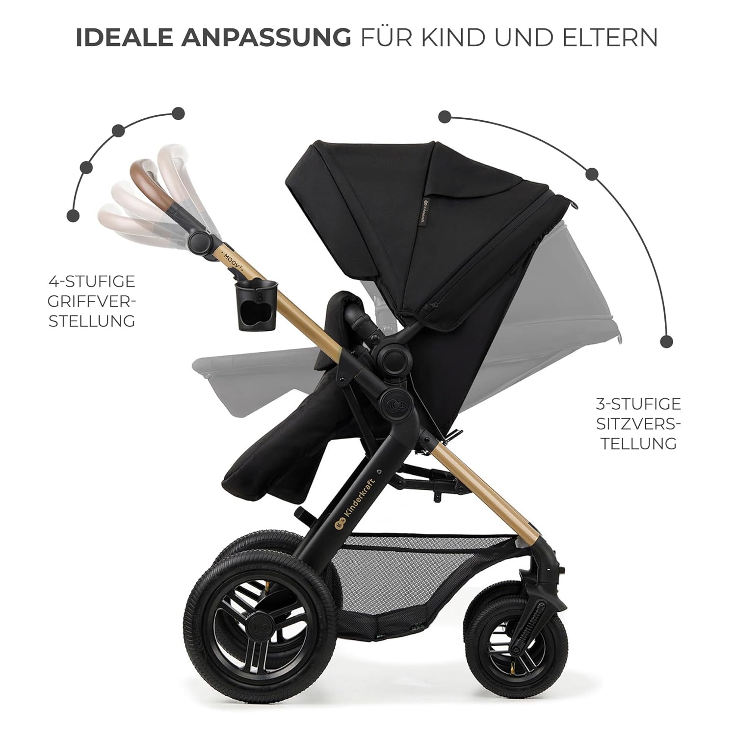 Kinderkraft MOOV2 AIR Kinderwagen 3 in 1 Kinderwagenset tot 26 kg met autostoel I-SIZE 40-75 cm, buggyfunctie, verstelbare ligstand, grote uitschuifbare kap, opblaasbare wielen, zwart