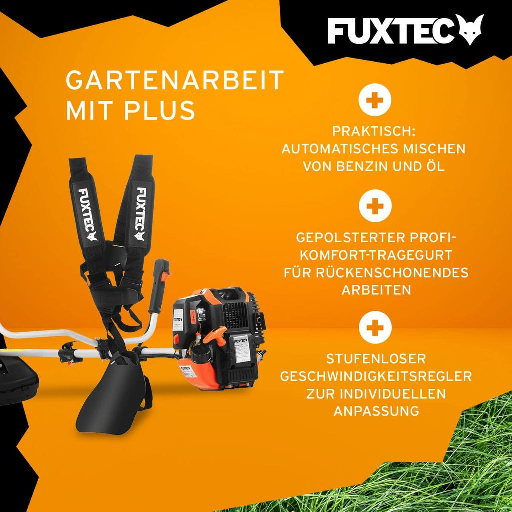 FUXTEC Benzine bosmaaier FX-4MS142, grastrimmer met 4-taktmotor, 320 mm maaicirkel, snelheidsregelaar en easy-starter, incl. draadspoel/professionele draagriem