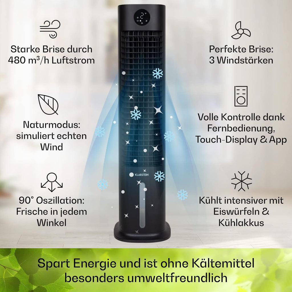 Klarstein Luchtkoeler met Waterkoeling, 5-in-1 Verdampingskoeler, Luchtbevochtiger, Ventilator & Luchtreiniger, Mobiele Airconditioner Luchtkoeler met App-Bediening, 80W Air Cooler, 462m³/h Luchtstroom, Wit