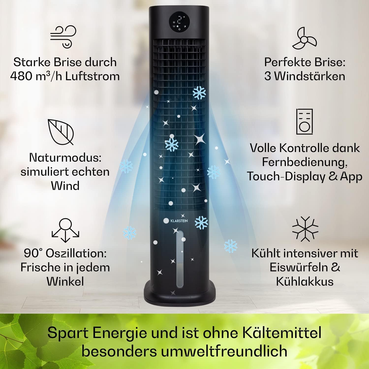 Klarstein Luchtkoeler met Waterkoeling, 5-in-1 Verdampingskoeler, Luchtbevochtiger, Ventilator & Luchtreiniger, Mobiele Airconditioner Luchtkoeler met App-Bediening, 80W Air Cooler, 462m³/h Luchtstroom, Wit