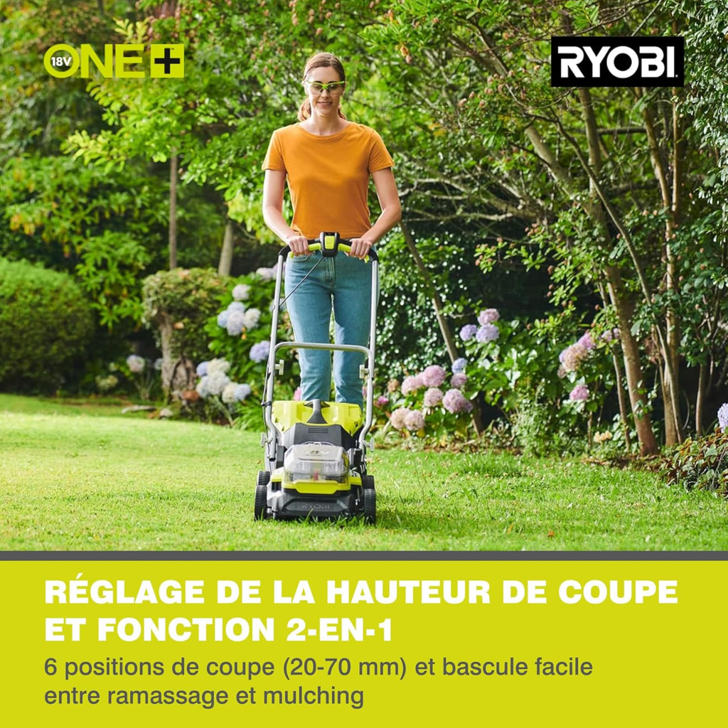 RYOBI 18 V ONE+ Accu-grasmaaier RLM18X33B40 (snijbreedte 33 cm, 5-voudige hoogteverstelling 25-65 mm, inklapbare duwbeugel, incl. mulchplug, 35l grasvangzak, 4,0Ah accu & lader)