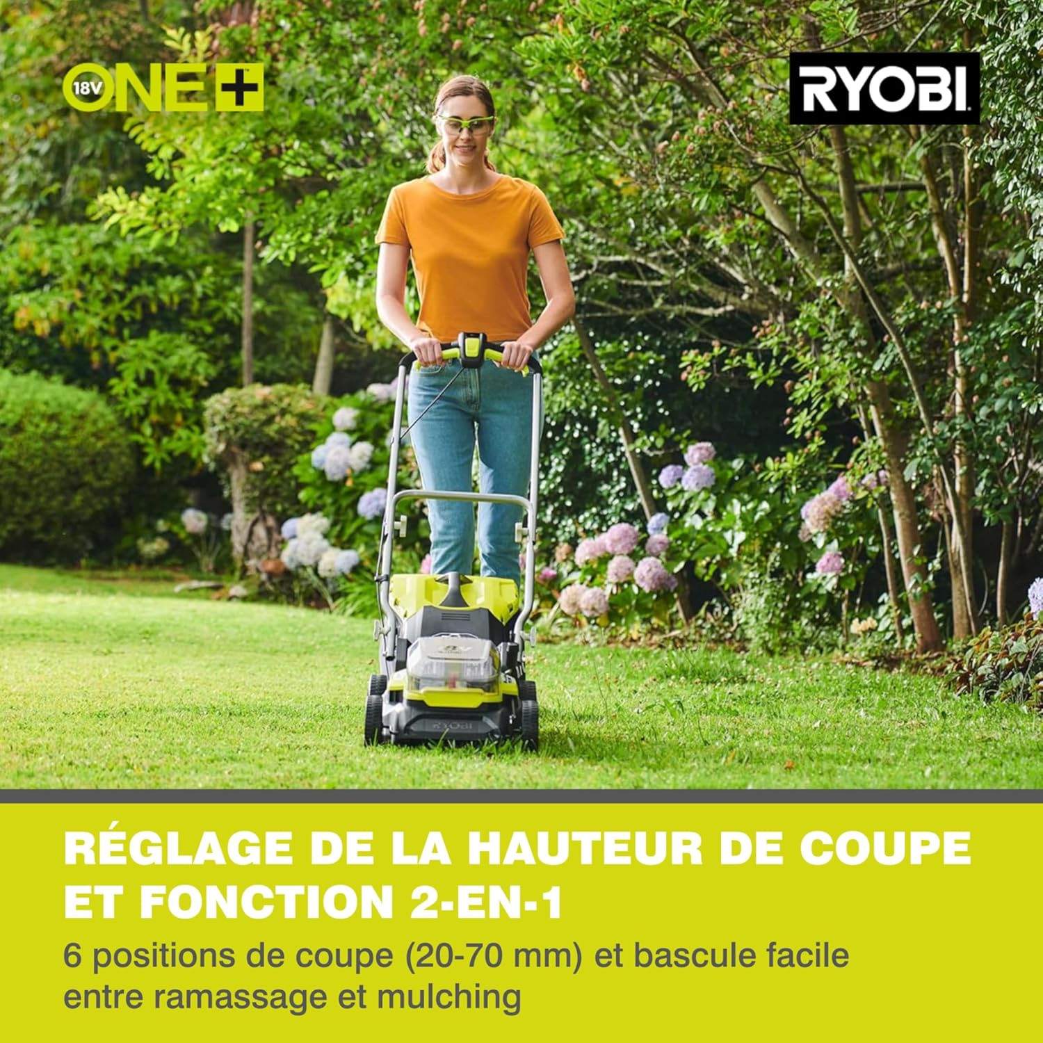 RYOBI 18 V ONE+ Accu-grasmaaier RLM18X33B40 (snijbreedte 33 cm, 5-voudige hoogteverstelling 25-65 mm, inklapbare duwbeugel, incl. mulchplug, 35l grasvangzak, 4,0Ah accu & lader)