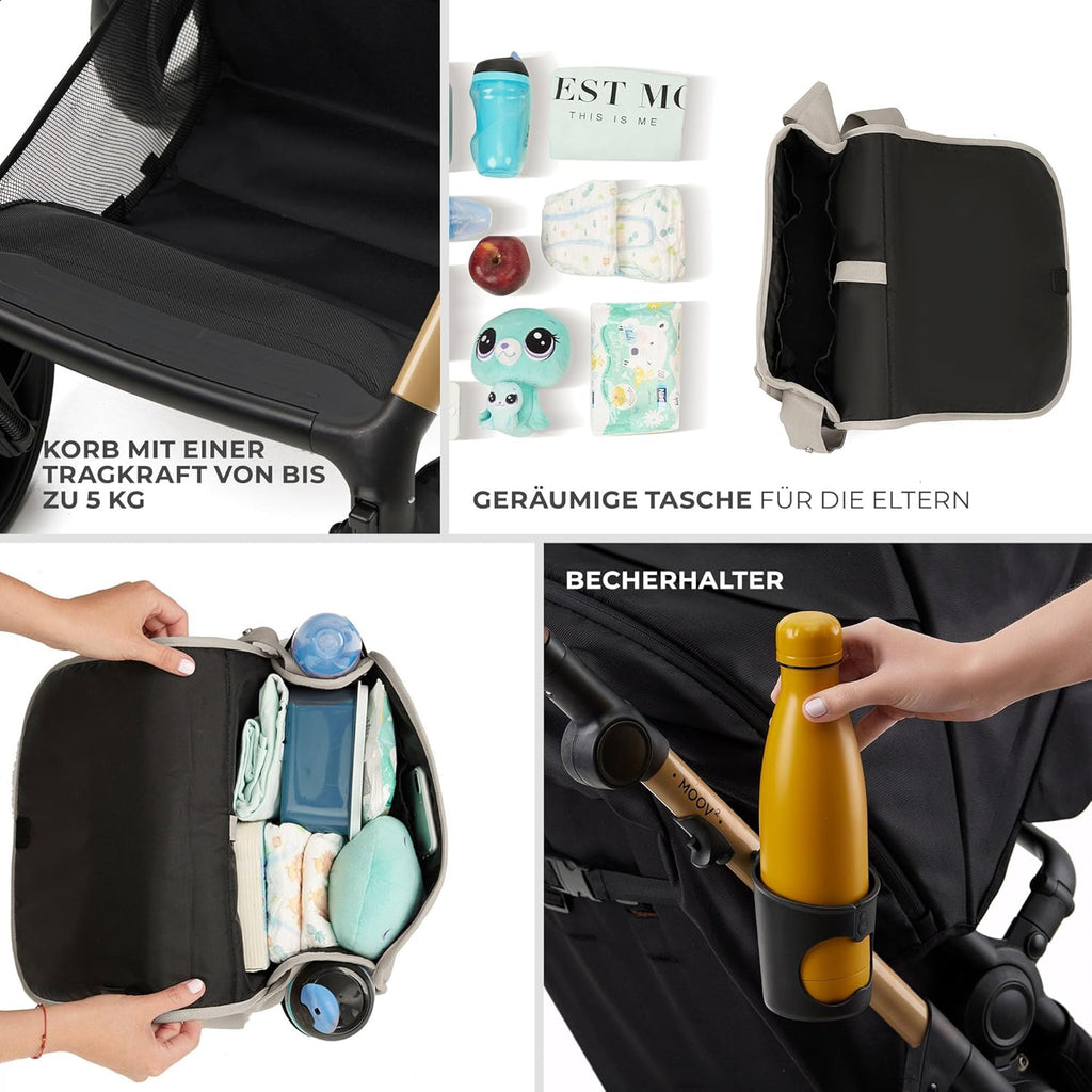 Kinderkraft MOOV2 AIR Kinderwagen 3 in 1 Kinderwagenset tot 26 kg met autostoel I-SIZE 40-75 cm, buggyfunctie, verstelbare ligstand, grote uitschuifbare kap, opblaasbare wielen, zwart