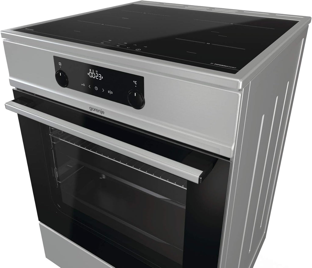 Gorenje GEIT5C61SPG vrijstaand fornuis met inductiekookplaat, 50 cm, 70 liter, zilver, PerfectGrill, AirFry, FrozenBake, Pizza Mode 300°C, AquaClean, Made in Europe, RVS