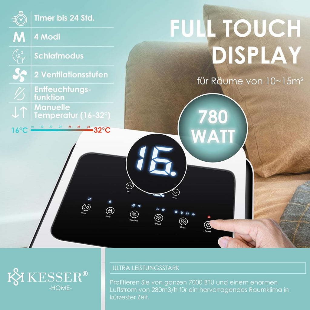 KESSER® Mobiele airco 4-in-1 koelen | Luchtontvochtiger ventileren | Ventilator 9000 BTU/u 1005W | Mobiele airconditioning met montagemateriaal, afstandsbediening & timer | Nachtmodus & 360° wielen
