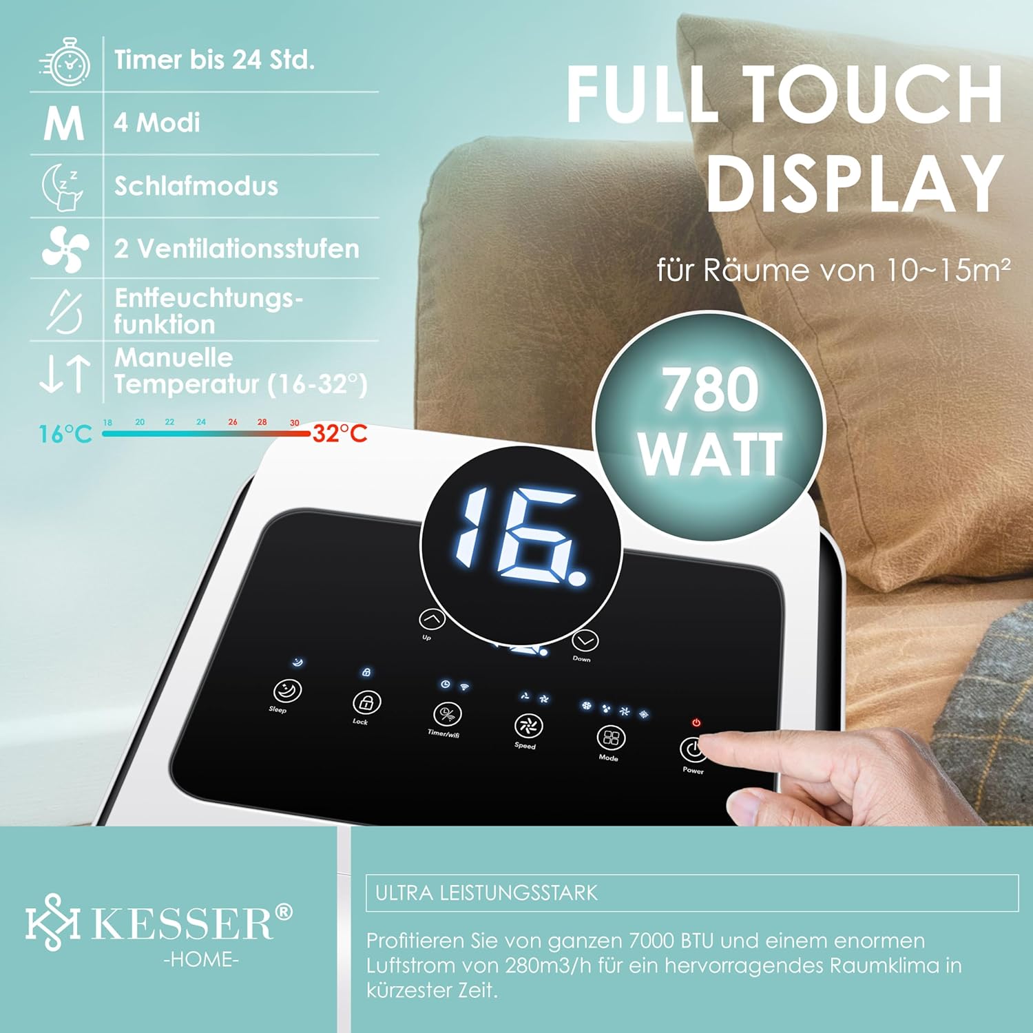 KESSER® Mobiele airco 4-in-1 koelen | Luchtontvochtiger ventileren | Ventilator 9000 BTU/u 1005W | Mobiele airconditioning met montagemateriaal, afstandsbediening & timer | Nachtmodus & 360° wielen