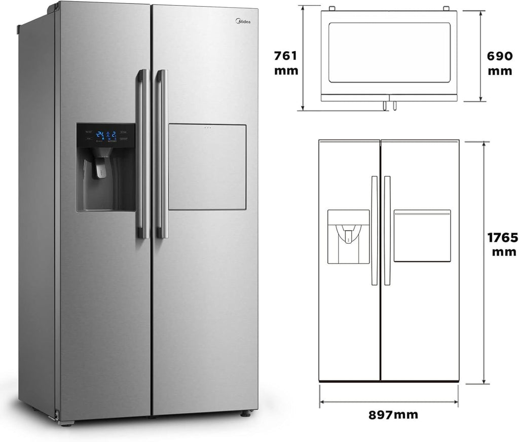 Midea KS-DDX 6.32 WT Amerikaanse koelkast/178,8 cm hoogte/254 kWh/jaar/No Frost/Dual Inverter Compressor/met 3-in-1 water-/ijsdispenser en watertank, Dark Inox