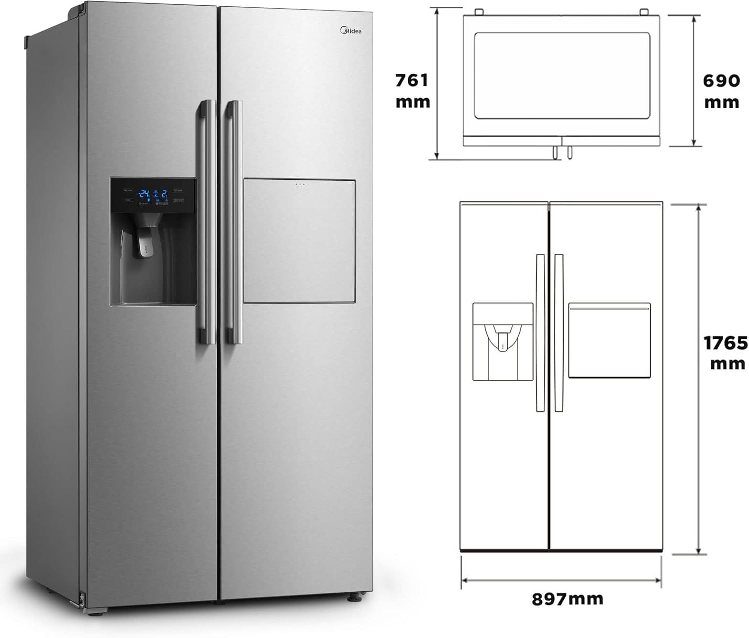 Midea KS-DDX 6.32 WT Amerikaanse koelkast/178,8 cm hoogte/254 kWh/jaar/No Frost/Dual Inverter Compressor/met 3-in-1 water-/ijsdispenser en watertank, Dark Inox