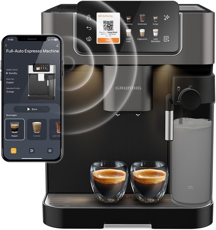 GRUNDIG KVA 7230 volautomatische koffiemachine, 10 koffiespecialiteiten, 13 maalfijnheden, melkreservoir, krachtig 1350 W, 19 bar pompdruk, dubbele uitloop, verlichting, Zwart/Donkerzilver