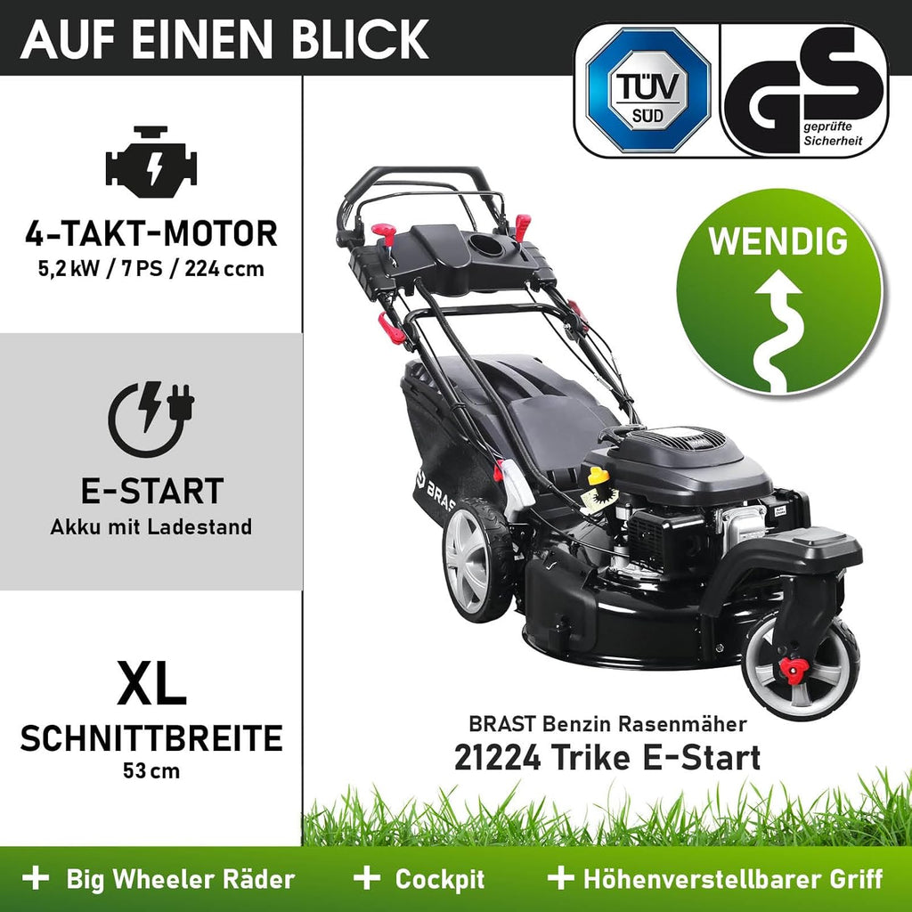 BRAST® Benzine grasmaaier Trike met aandrijving | 5,2kW (7PK) | 53cm maaibreedte | veel modellen | TÜV | 4-takt OHV motor | 30-80mm maaihoogte | 60L opvangbak | Stalen behuizing | Snelheid