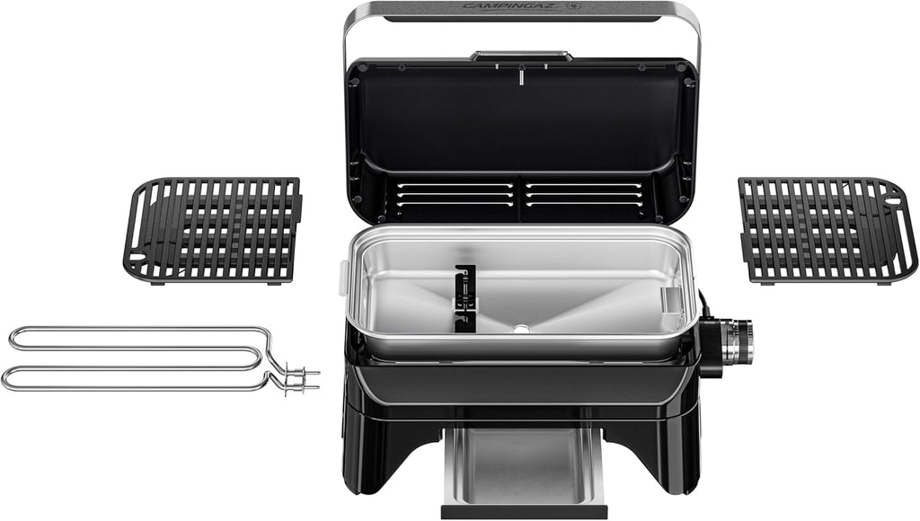 Campingaz Grill Attitude2go, gasbarbecue & elektrische barbecue, tafelbarbecue, draagbare balkon-, campingbarbecue, met deksel, thermometer en gietijzeren grillrooster, werkt op gas of elektriciteit