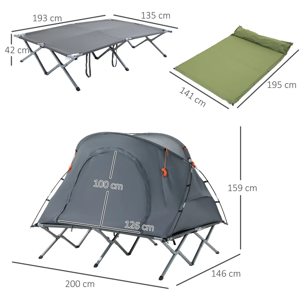 Outsunny kampeerbed met tent & luchtmatras voor 2 personen, 200×146×159 cm, Grijs