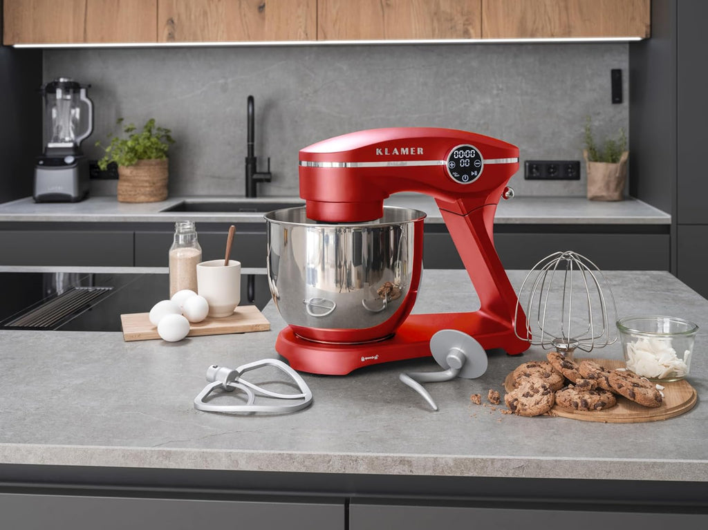 KLAMER Keukenmachine 1800W, Kneedmachine Brooddeeg met RVS Mengkom 6 L, 10 Snelheden met Timer, Planetaire Menging, Klopper, Deeghaak, Garde & Spatscherm (zwart)