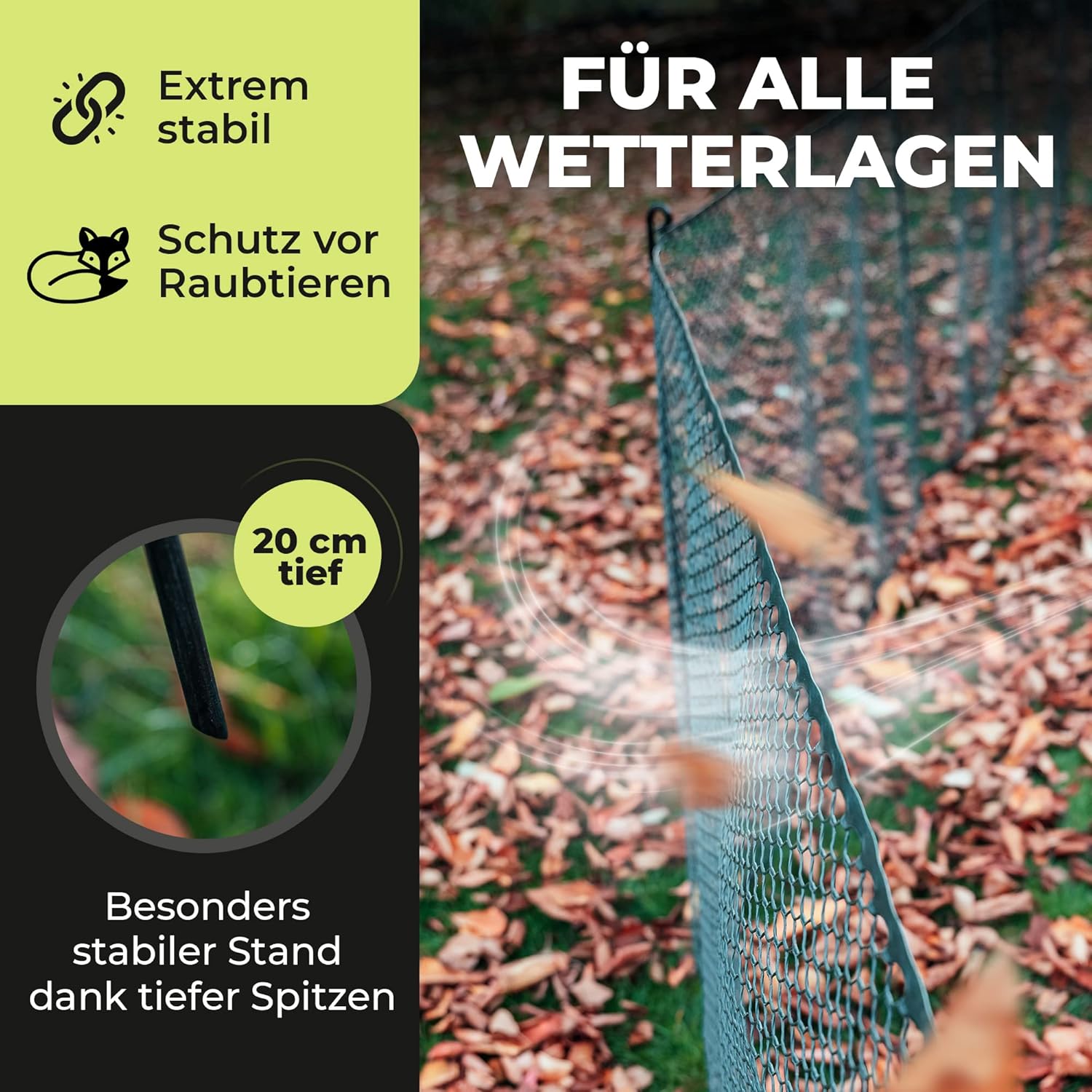 SELFmania kippenhek 25m lang | FIJNMAZIG STABIEL UV-BESCHERMING 120 cm hoog | Uitloopren kippen met 21 bevestigingspalen + 25 U-haringen | Hondenhek | Kleine dieren | Pluimveehek | Kippenaccessoires