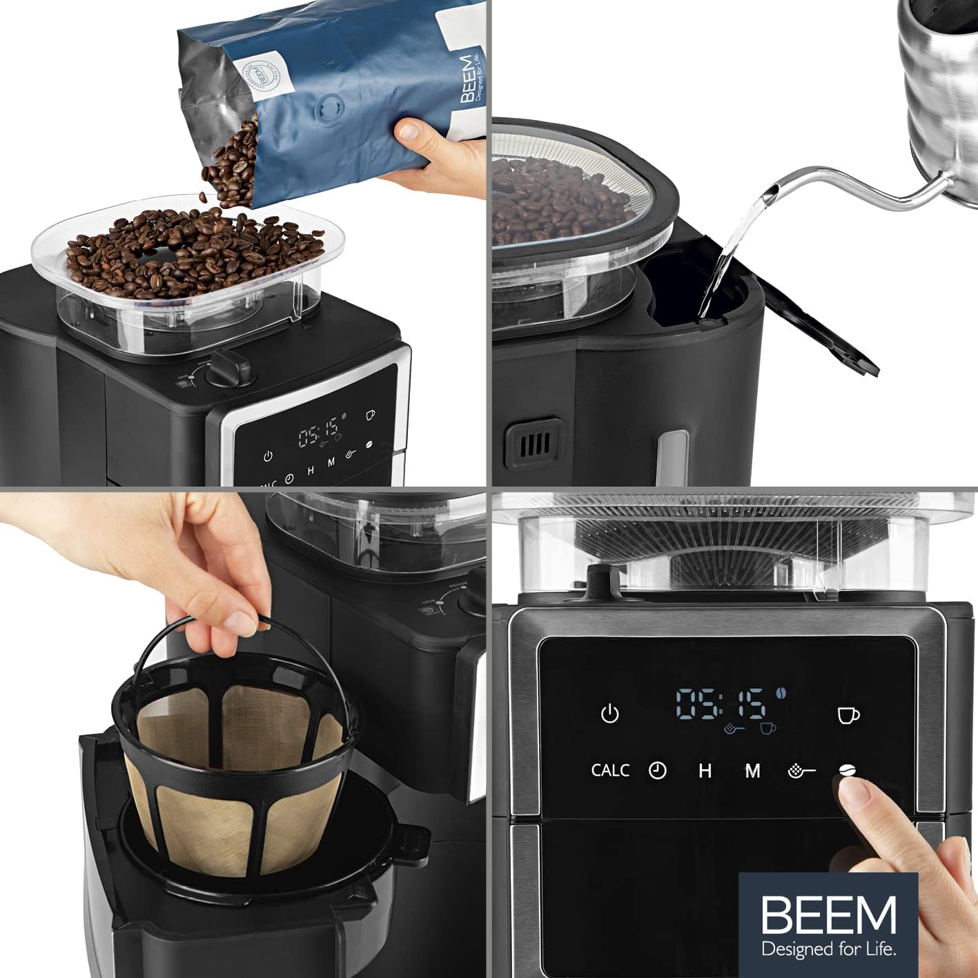 BEEM FRESH-AROMA-PERFECT III Filterkoffiezetapparaat met maalwerk - Duo | Met thermos- & glazen kan | Aroma-Plus-functie | 24-uurs timer | 1000 W | voor maximaal 10 kopjes [roestvrij staal]