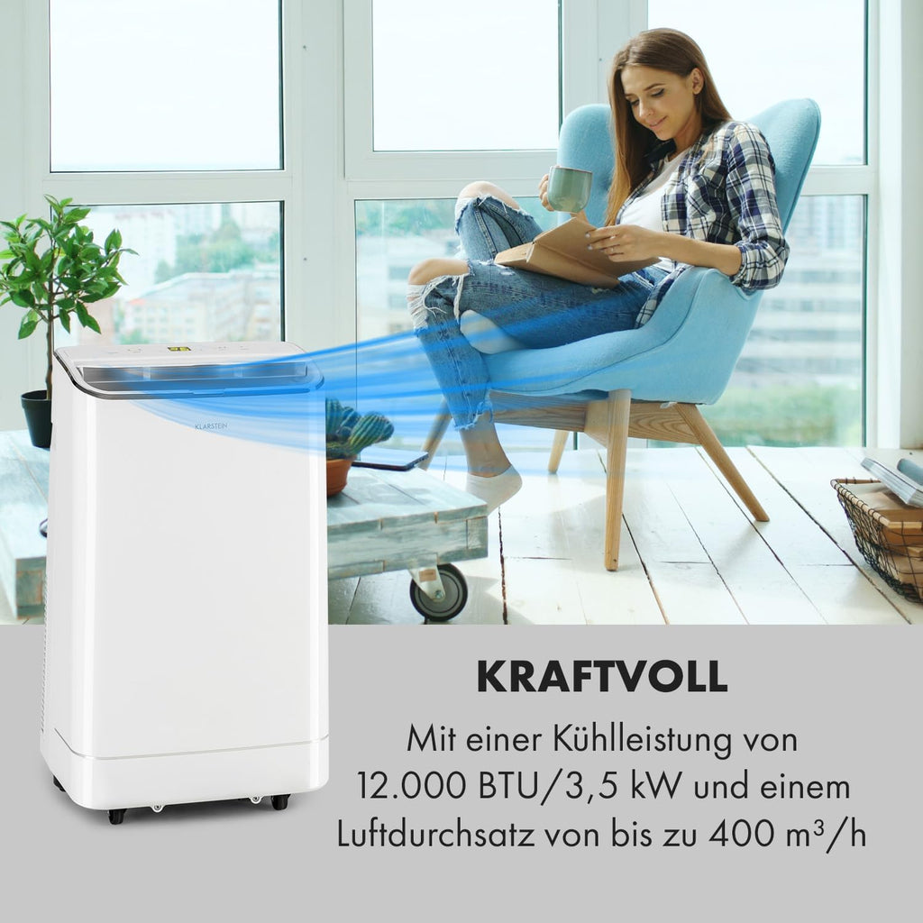Klarstein Mobiele Airconditioning met Afvoerslang, 3-in-1 Airco met Ventilator, Luchtontvochtiger & Nachtmodus, Kleine & Draagbare Airco voor Thuis & Kantoor, 12000 BTU Laag Verbruik