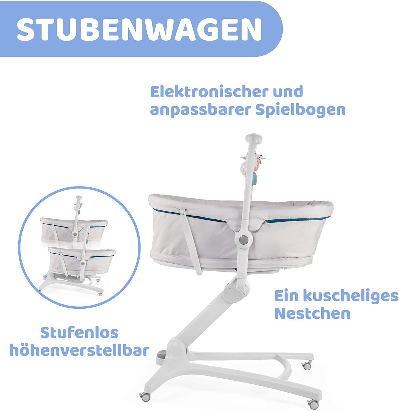 Chicco Baby Hug 4-in-1 wieg vanaf 0 maanden, verhoogde babylounger, babybed, kinderstoel met speelboog, tot 15 kg, verstelbare rugleuning, verstelbare hoogte en 4 wielen