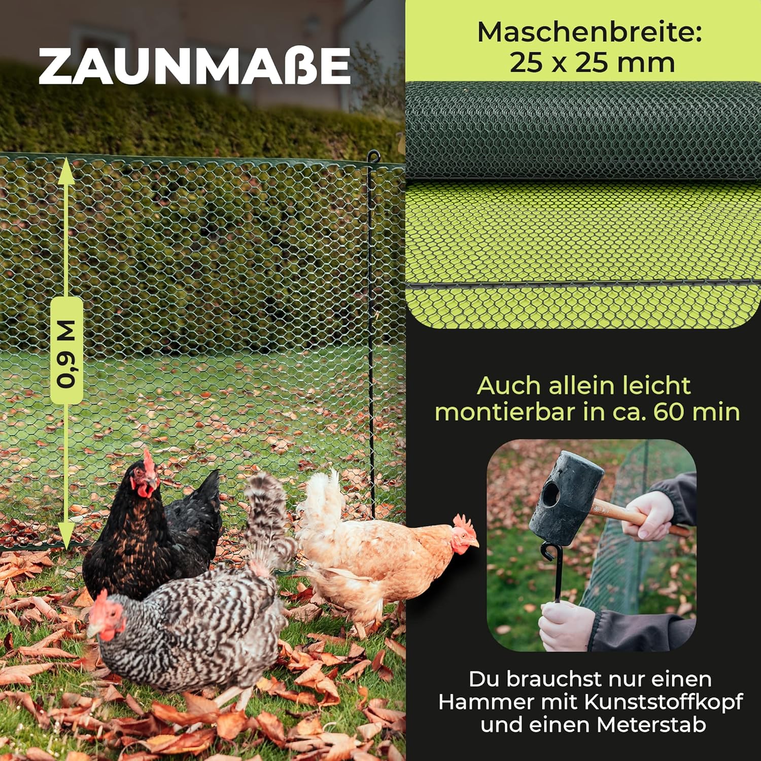 SELFmania kippenhek 25m lang | FIJNMAZIG STABIEL UV-BESCHERMING 120 cm hoog | Uitloopren kippen met 21 bevestigingspalen + 25 U-haringen | Hondenhek | Kleine dieren | Pluimveehek | Kippenaccessoires