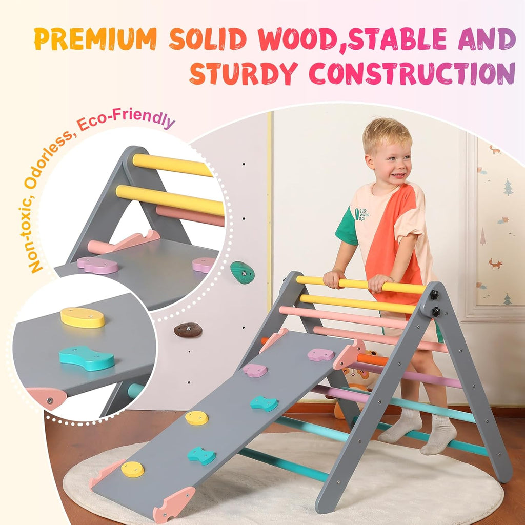 Driehoekset met kussen, 5-in-1 Montessori klimset, opvouwbaar, klim-binnenspeeltuinset voor peuters, houten klimspeelgoed met glijbaan en klimboog voor kinderen (houtkleur)