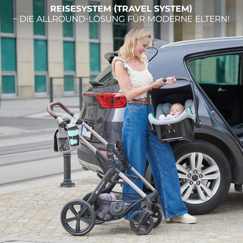 Kinderkraft MOOV2 AIR Kinderwagen 3 in 1 Kinderwagenset tot 26 kg met autostoel I-SIZE 40-75 cm, buggyfunctie, verstelbare ligstand, grote uitschuifbare kap, opblaasbare wielen, zwart