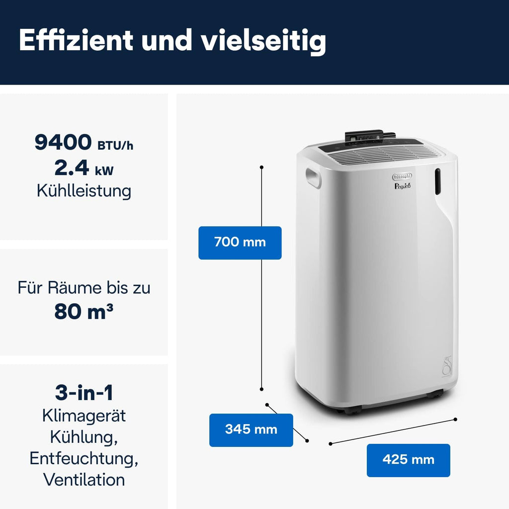 De'Longhi Pinguino PAC EM82, Mobiele airconditioner voor ruimtes tot 80 m, 9.400 BTU, 2,4 kW, 63 dB, Ontvochtigingsfunctie, Energieklasse A, 24-uurs timer, Wit